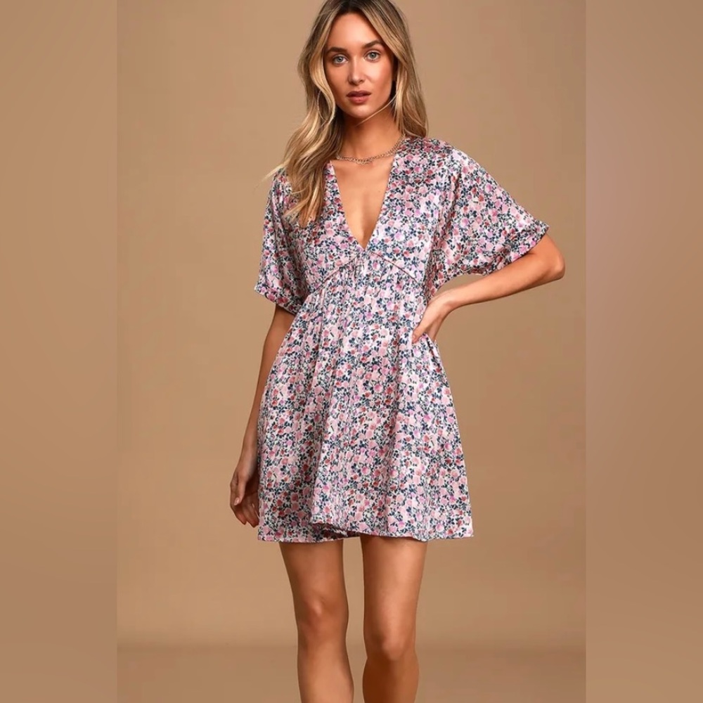 Blush Pink Floral Print Satin Babydoll Dress
